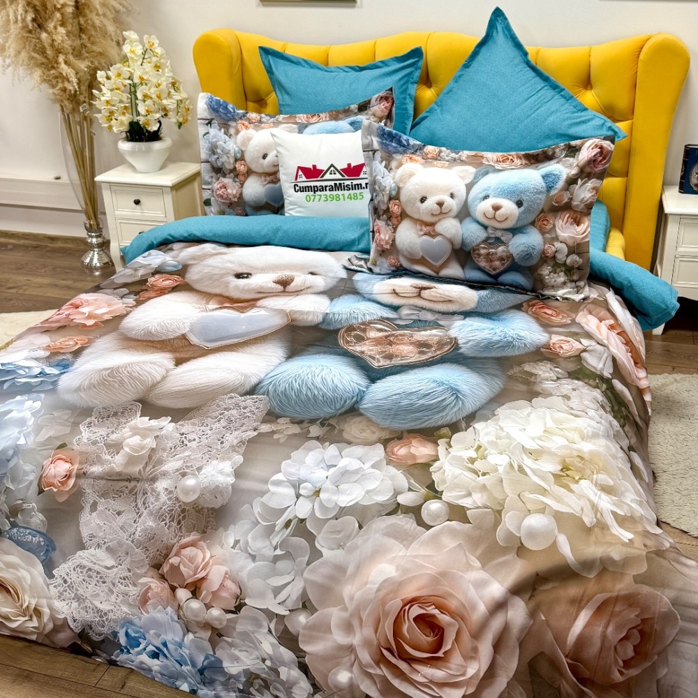 Lenjerie pat dublu, FINET, Imprimeu Digital 5D - Identic cu poza, Cu ELASTIC, 6 piese, Crem, Bleu, ursuleti — imaginea 2