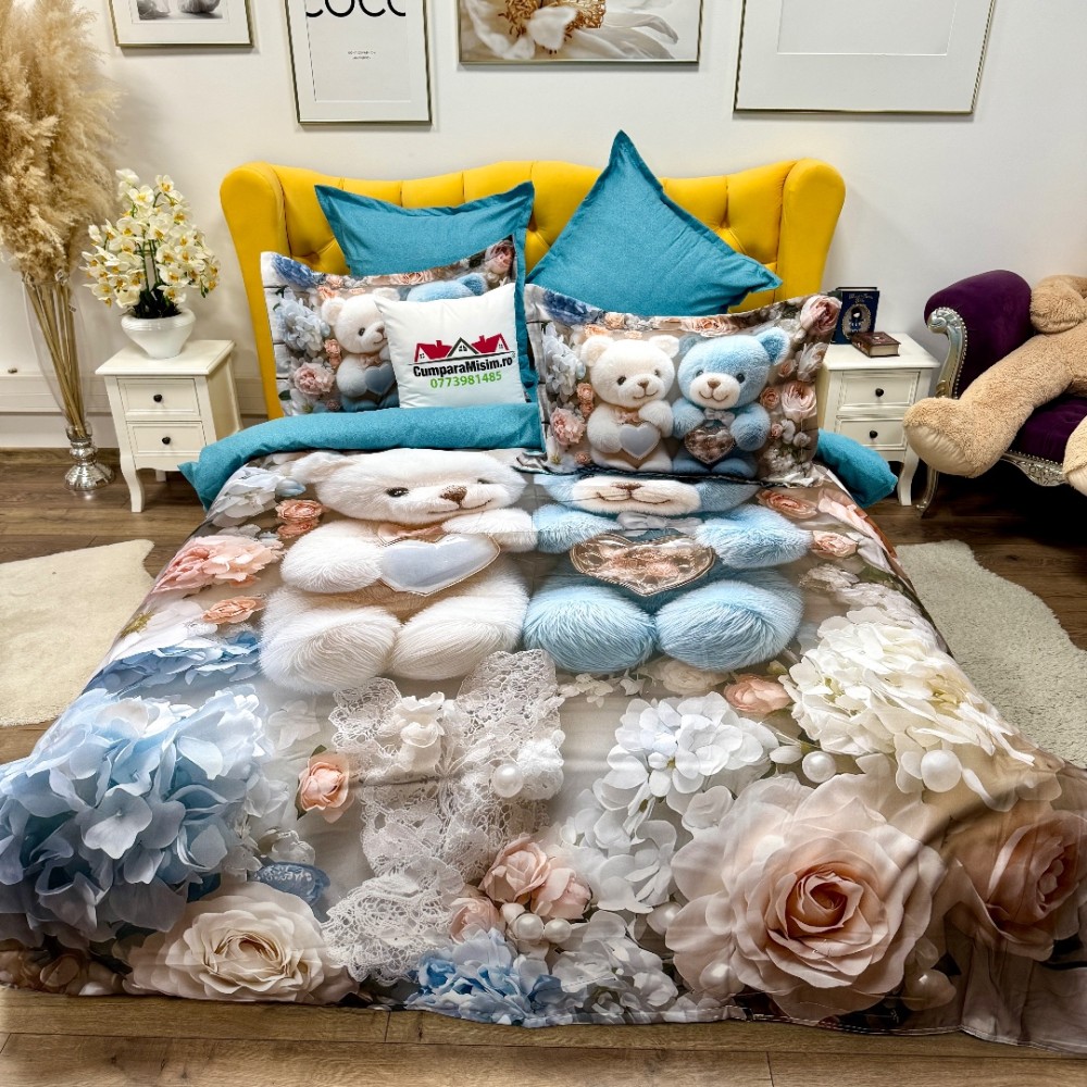 Lenjerie pat dublu, FINET, Imprimeu Digital 5D - Identic cu poza, Cu ELASTIC, 6 piese, Crem, Bleu, ursuleti — imaginea 5