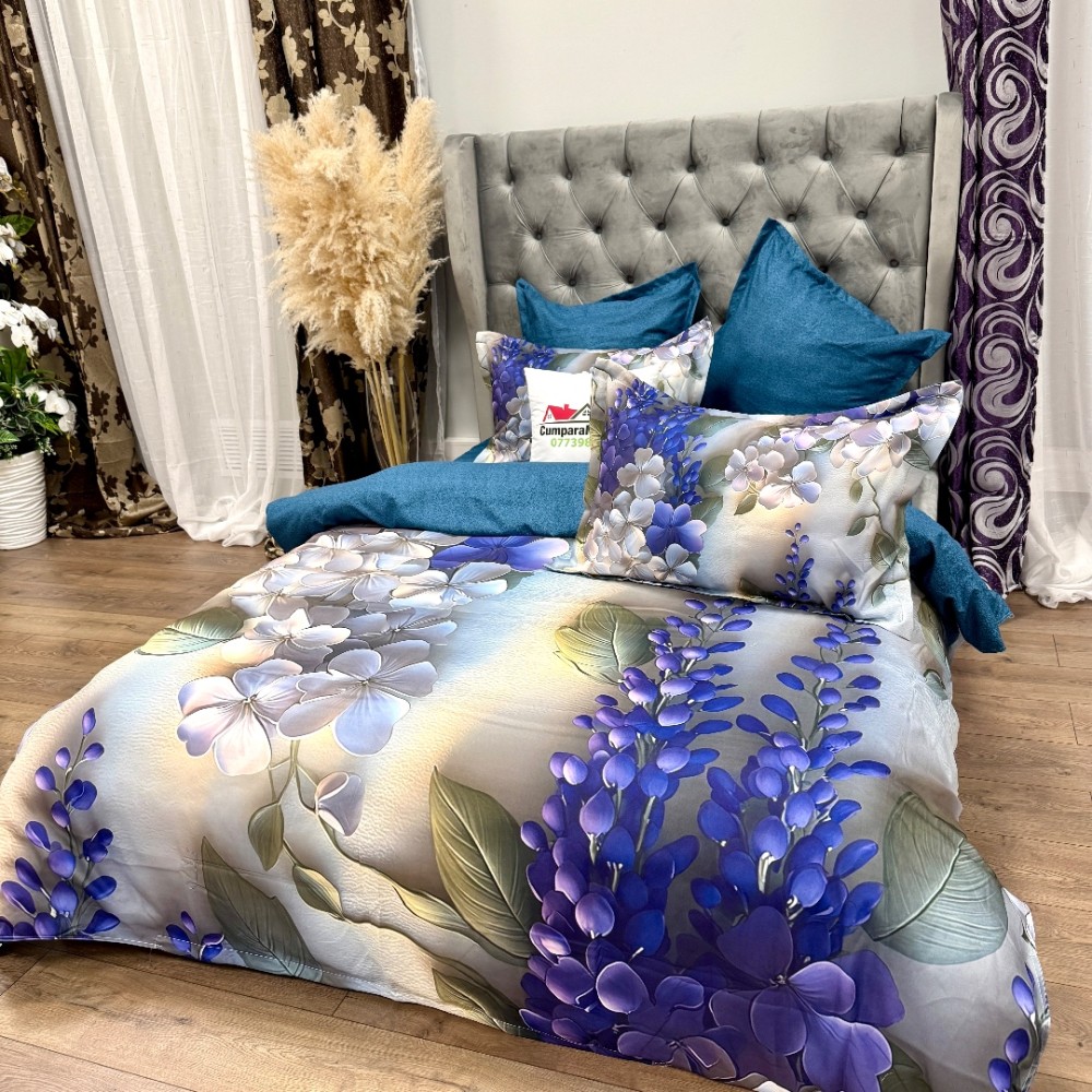 Lenjerie pat dublu, FINET, Imprimeu Digital 5D - Identic cu poza, Cu ELASTIC, 6 piese, Mov, flori liliac — imaginea 6