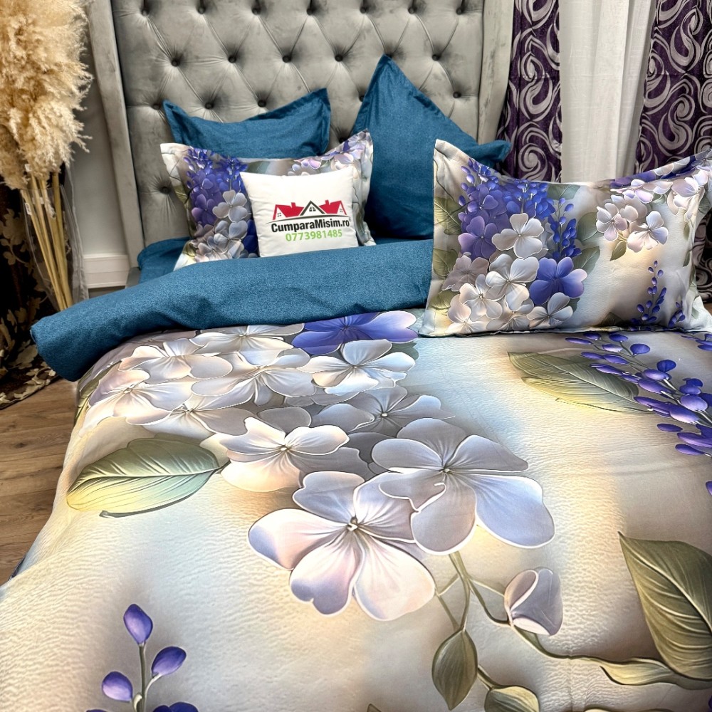 Lenjerie pat dublu, FINET, Imprimeu Digital 5D - Identic cu poza, Cu ELASTIC, 6 piese, Mov, flori liliac — imaginea 8