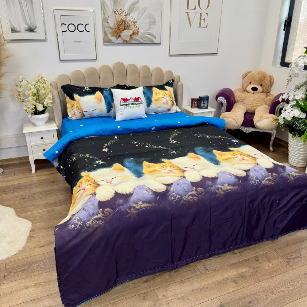 Lenjerie Pat Dublu Cu Elastic Bumbac Satinat - 3 Bucati 219 Lei - Albastru Negru Pisicute — imaginea 3