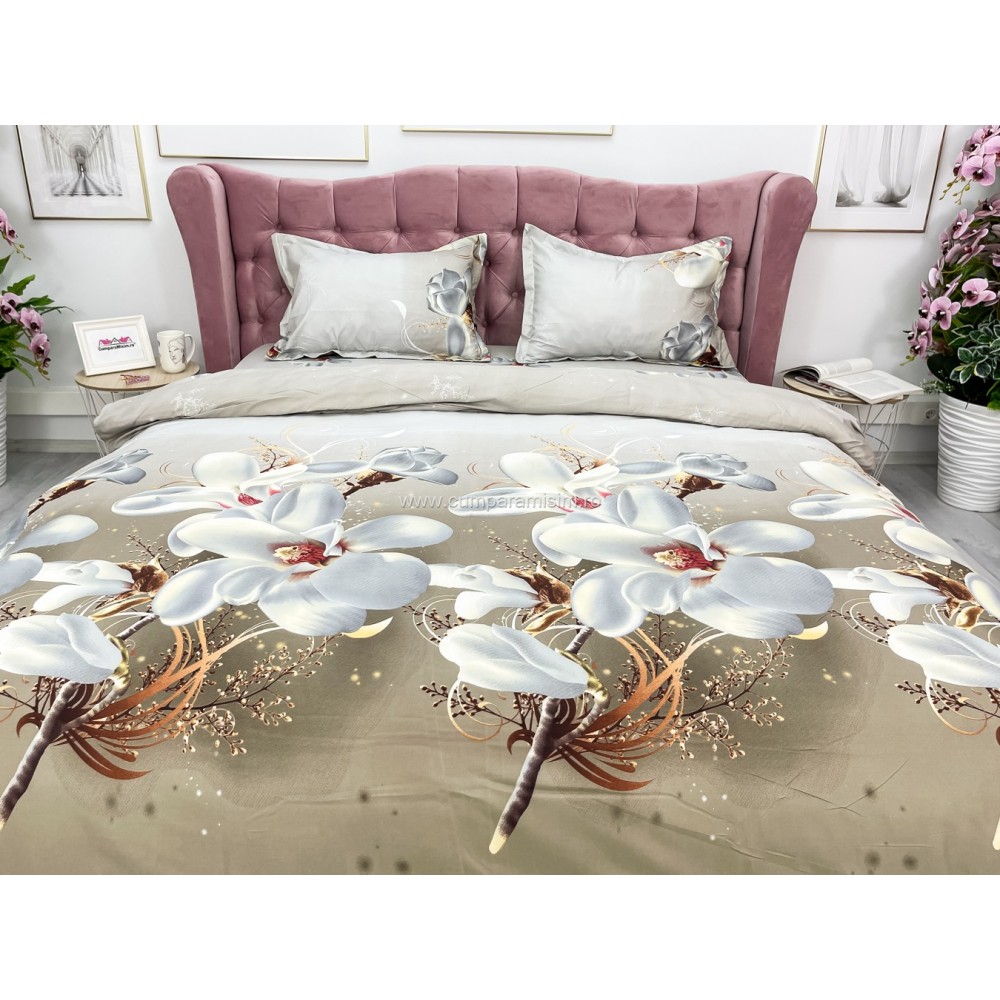 Lenjerie pat dublu imprimeu 3D - 3 Bucati 219 Lei -  Bej flori — imaginea 3