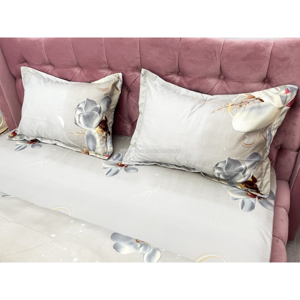 Lenjerie pat dublu imprimeu 3D - 3 Bucati 219 Lei -  Bej flori — imaginea 6