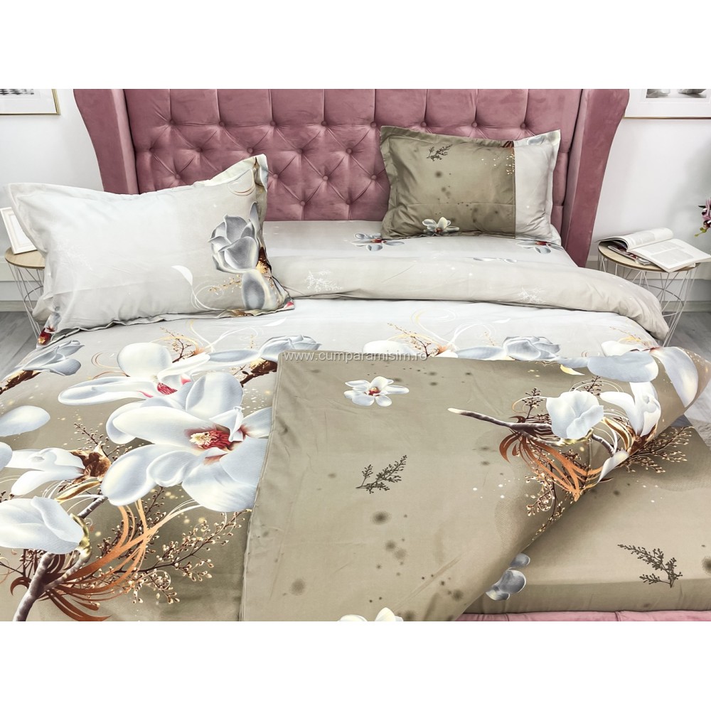 Lenjerie pat dublu imprimeu 3D - 3 Bucati 219 Lei -  Bej flori — imaginea 8