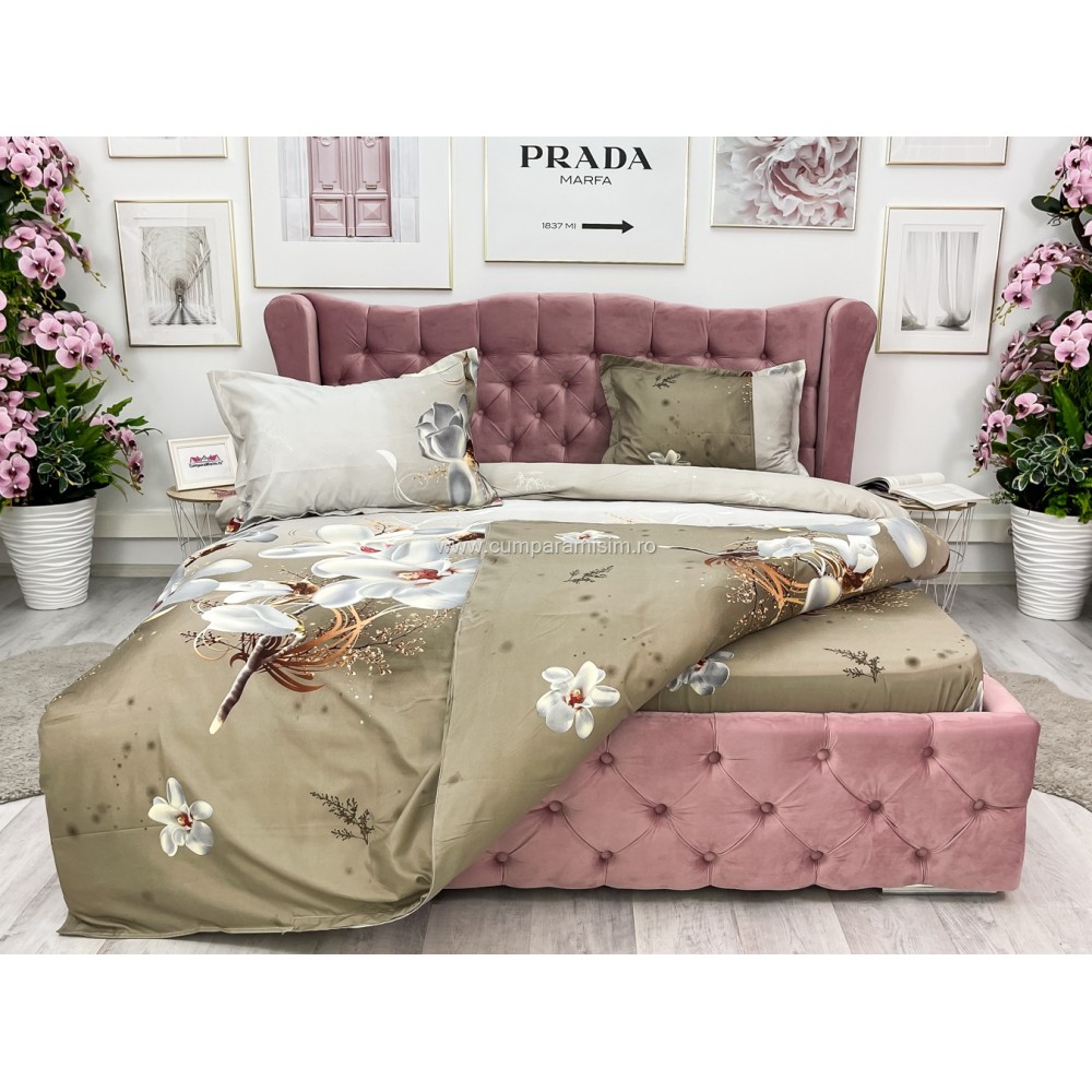 Lenjerie pat dublu imprimeu 3D - 3 Bucati 219 Lei -  Bej flori — imaginea 9