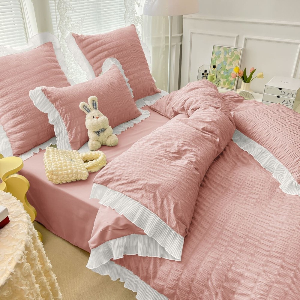 Lenjerie pat dublu,  Soft Touch CREPONAT DELUXE, 6 piese, Jojo Home, Roz pudra — imaginea 2