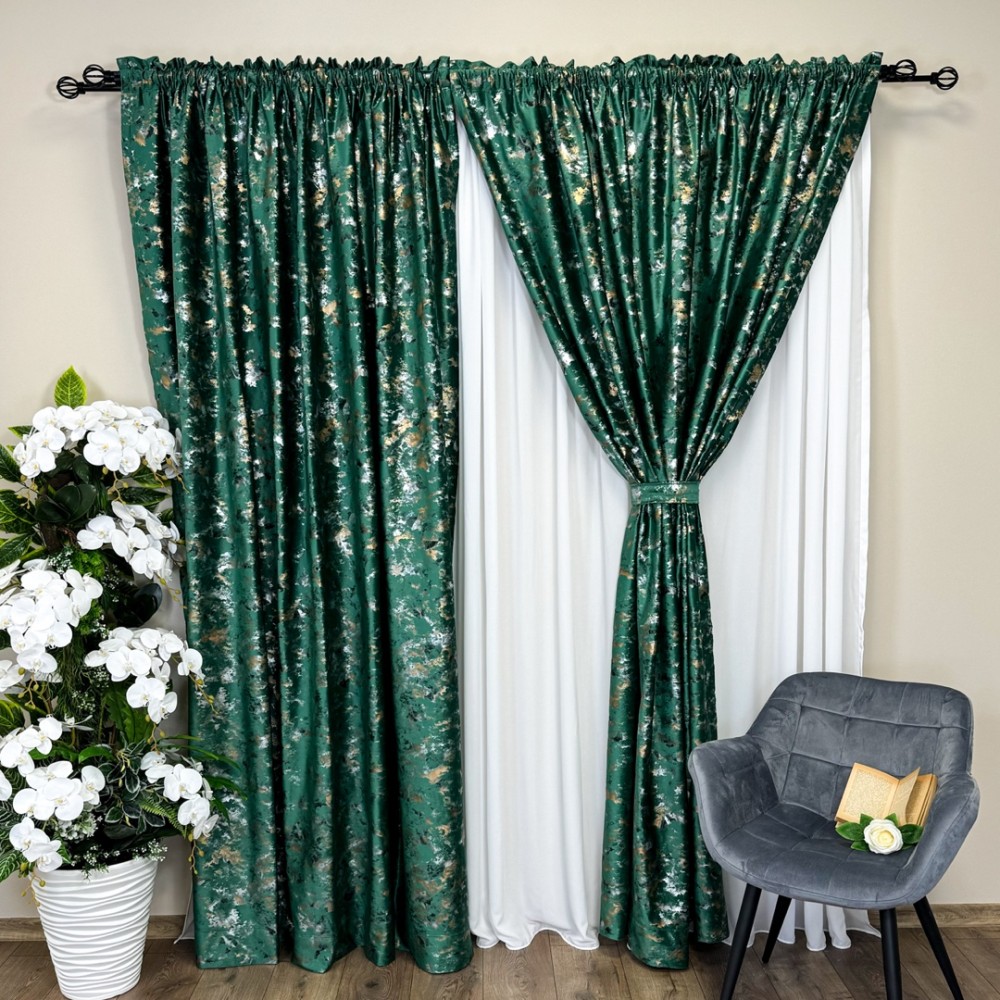 Set 2 Draperii Catifea Nikko cu insertii aurii - 2m latime x 2.50m inaltime x Tiv lat, Verde Smarald - V12 - 2