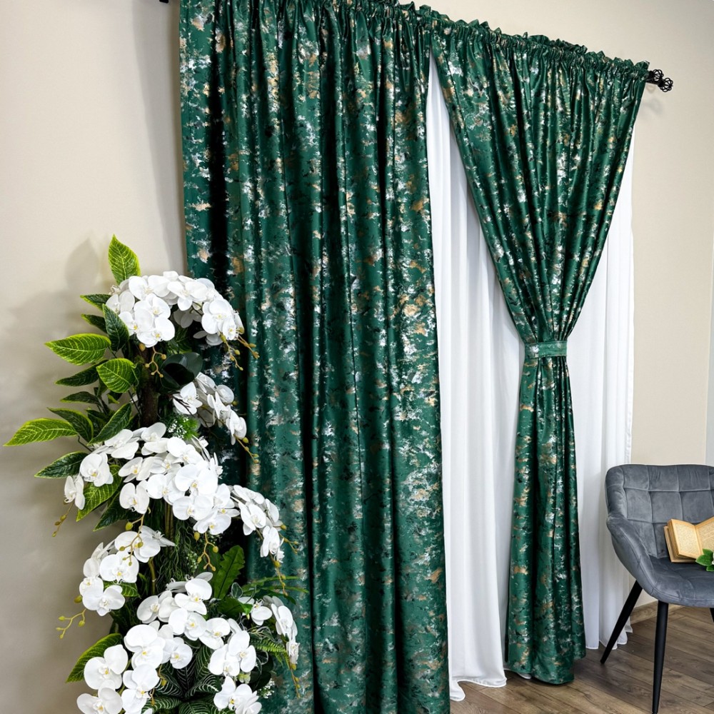 Set 2 Draperii Catifea Nikko cu insertii aurii - 2m latime x 2.50m inaltime x Tiv lat, Verde Smarald - V12 - 4