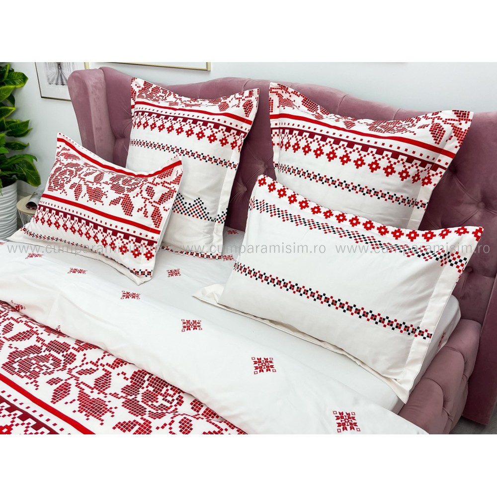 Lenjerie pat dublu cu ELASTIC, Finet, 6 piese, Alb-Rosu, model traditional — imaginea 4