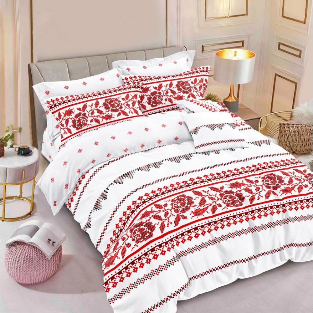 Lenjerie pat dublu cu ELASTIC, Finet, 6 piese, Alb-Rosu, model traditional — imaginea 9