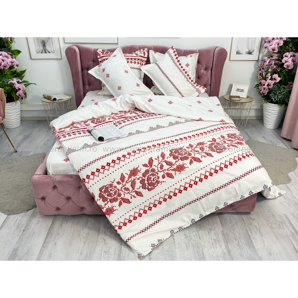 Lenjerie pat dublu cu ELASTIC, Finet, 6 piese, Alb-Rosu, model traditional — imaginea 15