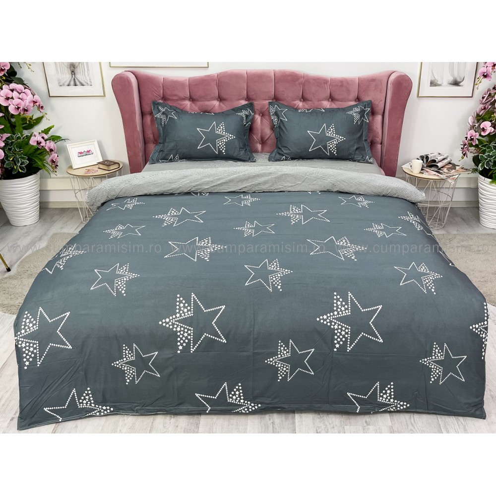 Lenjerie pat dublu cu Elastic, bumbac satinat, Gri, stelute — imaginea 2