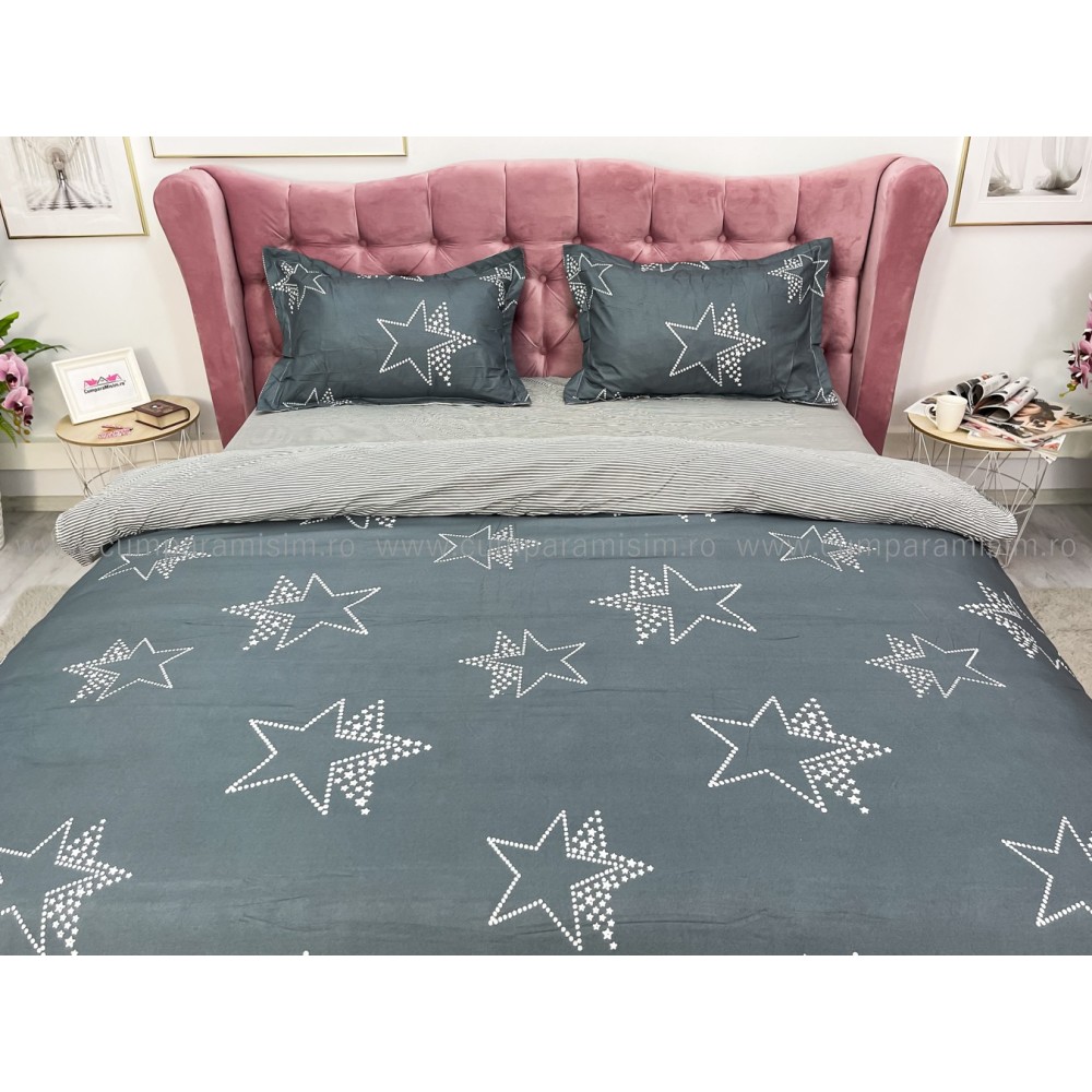 Lenjerie pat dublu cu Elastic, bumbac satinat, Gri, stelute — imaginea 3