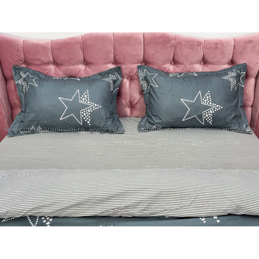 Lenjerie pat dublu cu Elastic, bumbac satinat, Gri, stelute — imaginea 4