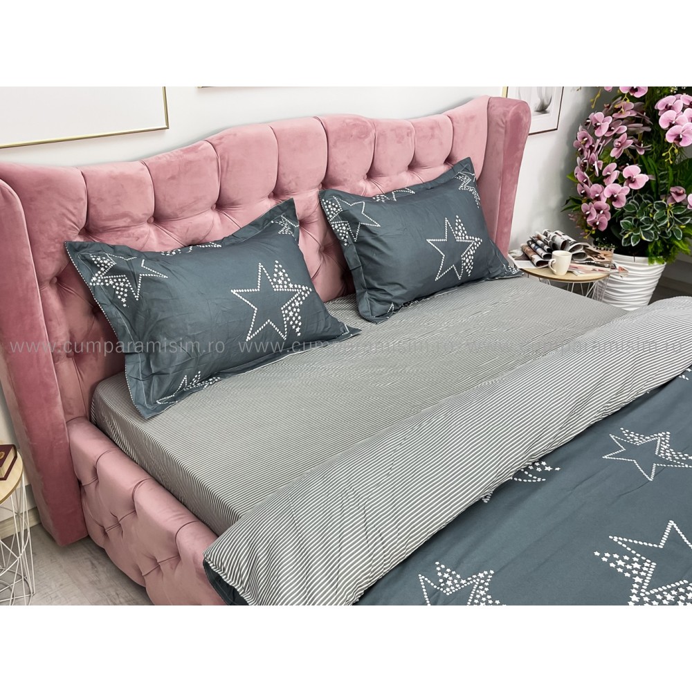 Lenjerie pat dublu cu Elastic, bumbac satinat, Gri, stelute — imaginea 5