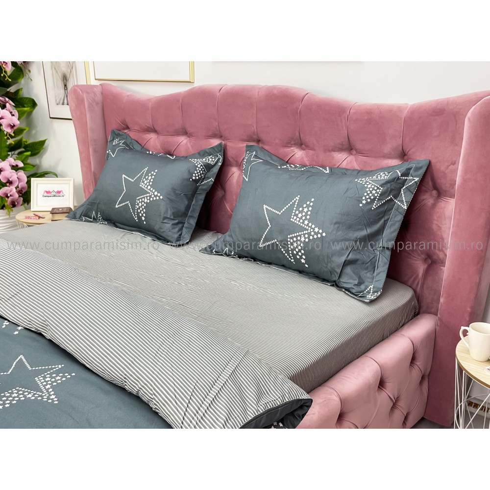 Lenjerie pat dublu cu Elastic, bumbac satinat, Gri, stelute — imaginea 6