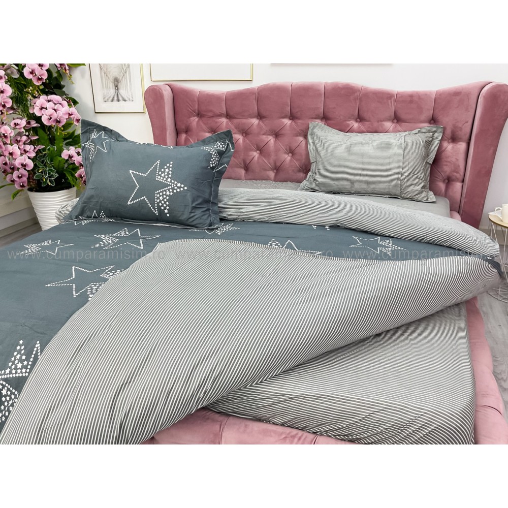 Lenjerie pat dublu cu Elastic, bumbac satinat, Gri, stelute — imaginea 7