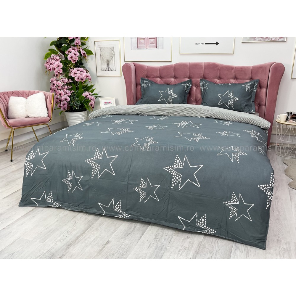 Lenjerie pat dublu cu Elastic, bumbac satinat, Gri, stelute — imaginea 8