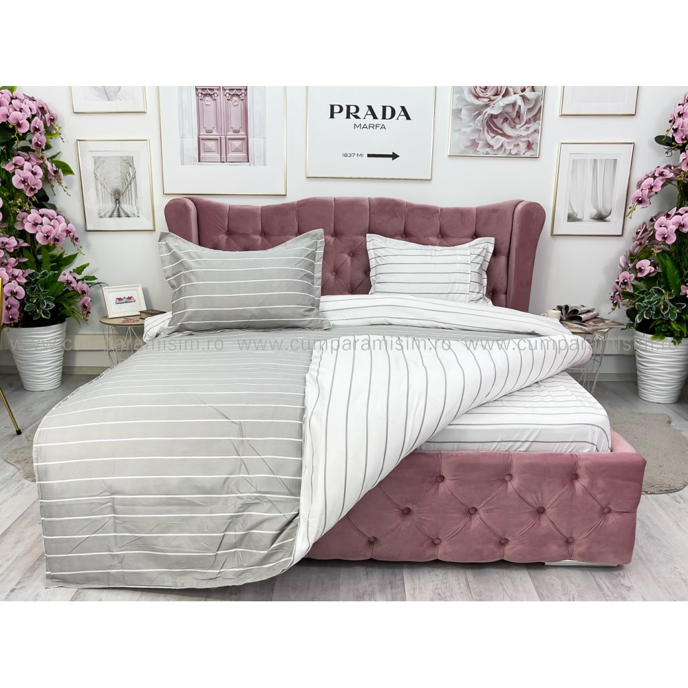 Lenjerie pat dublu, bumbac satinat, cearsaf clasic, 4 piese,  Gri, dungi — imaginea 8