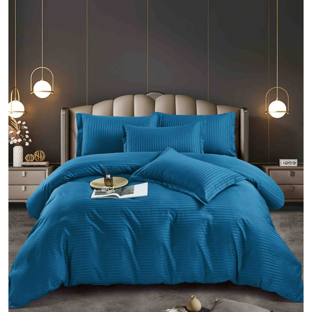 Lenjerie HoReCa, pat dublu, Damasc Finetat Deluxe cu Elastic, 6 piese, Jojo Home, Albastru — imaginea 2