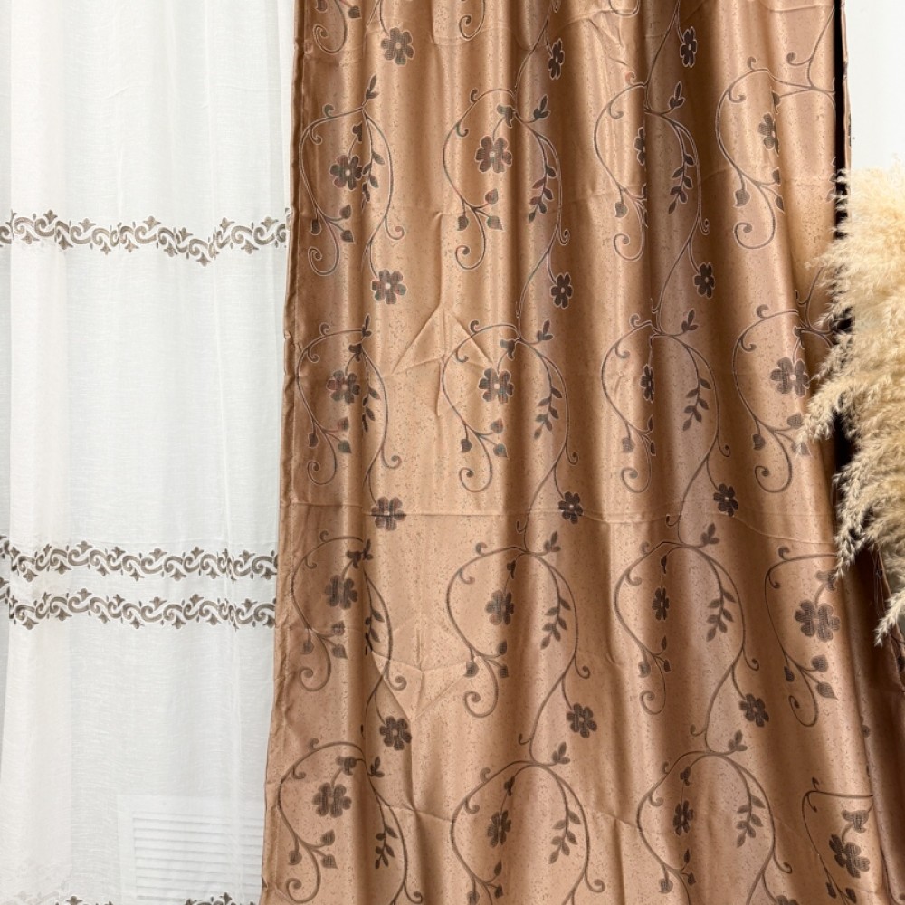 Set 2 Draperii Jacquard, Crengute cu Flori, 150cm latime x 270cm inaltime, Maro deschis + Perdea 400cm latime x 270cm inaltime, tip in cu broderie maro – imagine 5