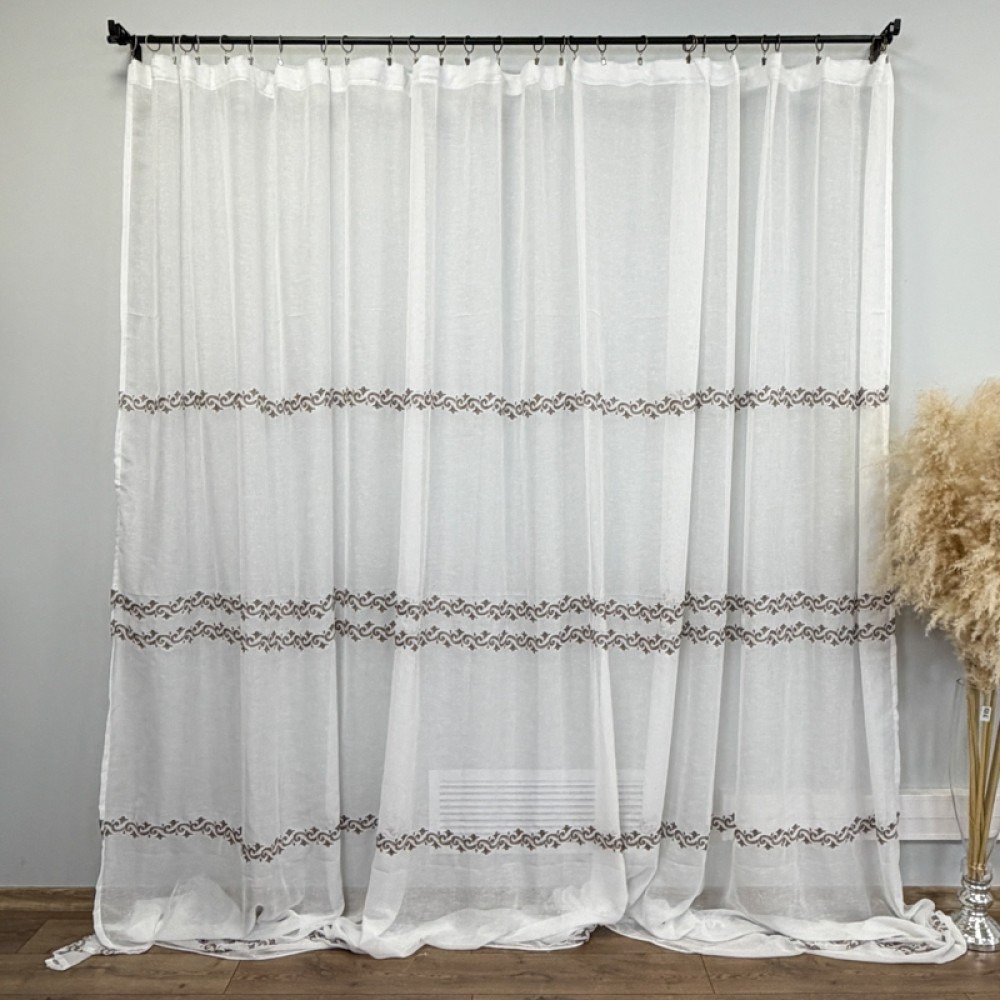 Set 2 Draperii Jacquard, Crengute cu Flori, 150cm latime x 270cm inaltime, Maro deschis + Perdea 400cm latime x 270cm inaltime, tip in cu broderie maro – imagine 6