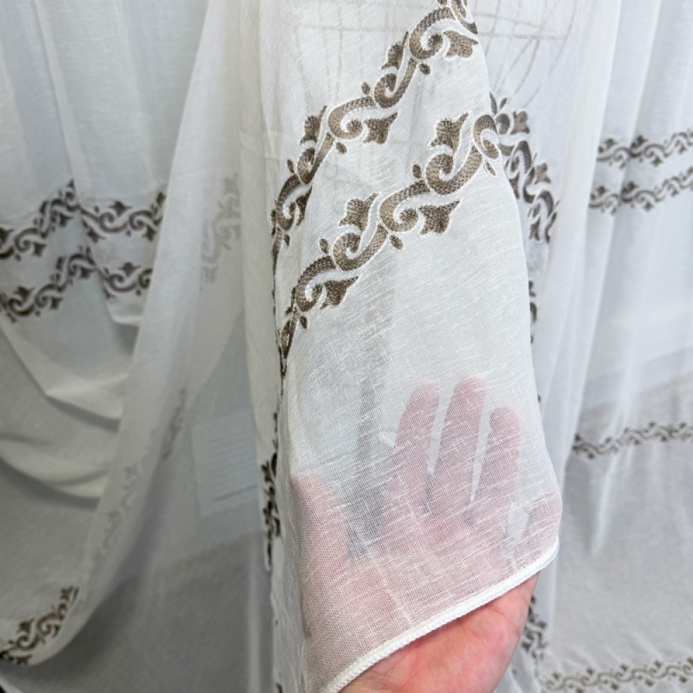 Set 2 Draperii Jacquard, Crengute cu Flori, 150cm latime x 270cm inaltime, Maro deschis + Perdea 400cm latime x 270cm inaltime, tip in cu broderie maro — imaginea 9