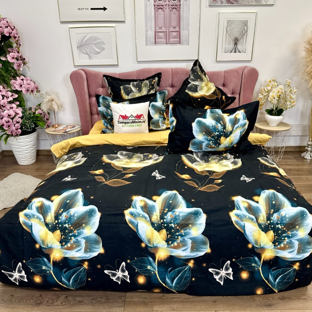 Lenjerie pat dublu, Finet, 6 piese, Negru, flori — imaginea 2