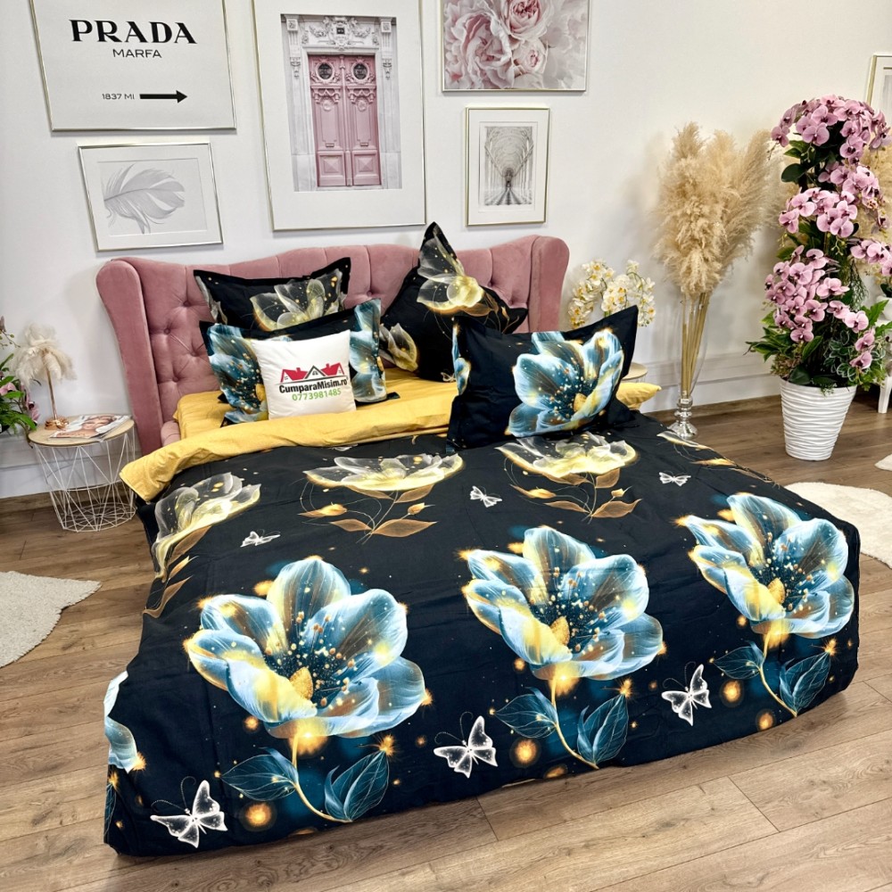Lenjerie pat dublu, Finet, 6 piese, Negru, flori — imaginea 3