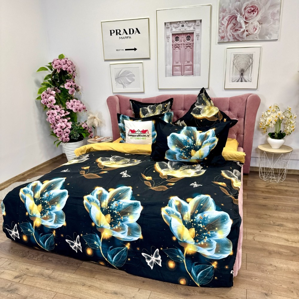Lenjerie pat dublu, Finet, 6 piese, Negru, flori — imaginea 4