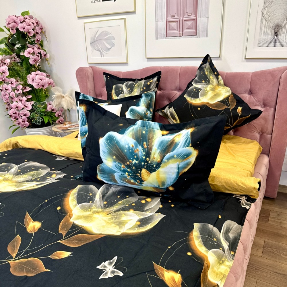 Lenjerie pat dublu, Finet, 6 piese, Negru, flori — imaginea 9