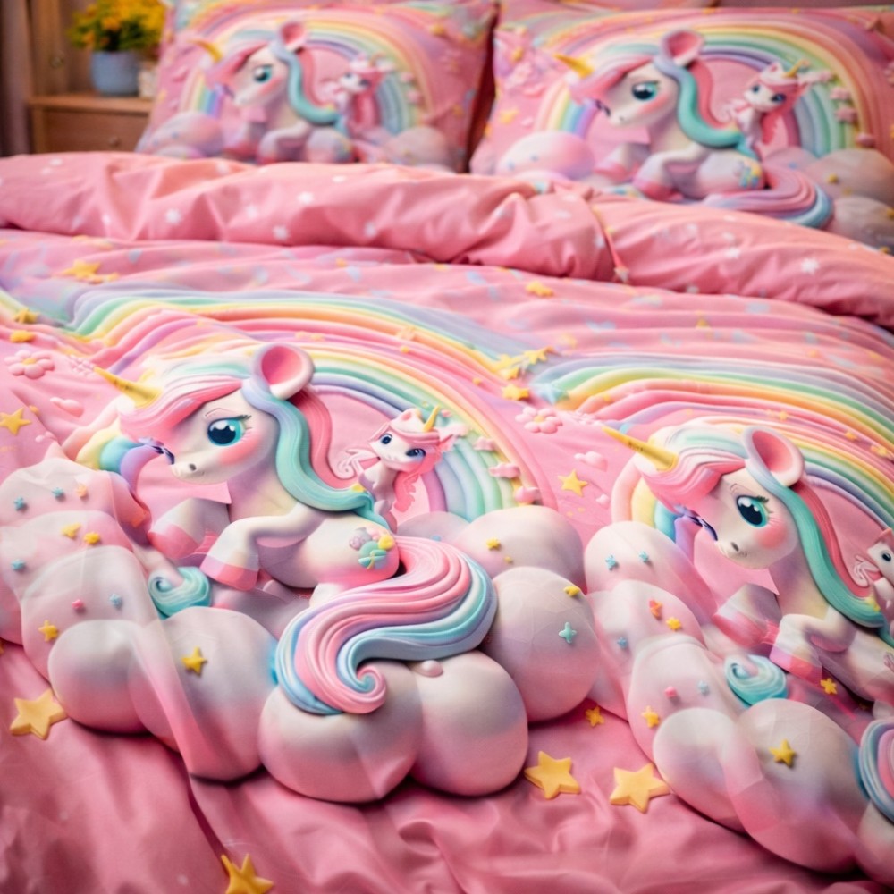 Lenjerie pat dublu cu ELASTIC, Finet, 6 piese, Roz, unicorni — imaginea 6