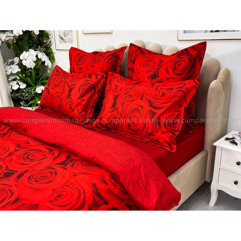 Lenjerie pat dublu cu ELASTIC, Finet, 6 piese, Rosu, trandafiri — imaginea 6