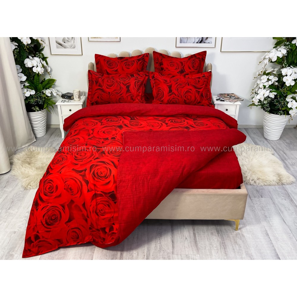 Lenjerie pat dublu cu ELASTIC, Finet, 6 piese, Rosu, trandafiri — imaginea 8