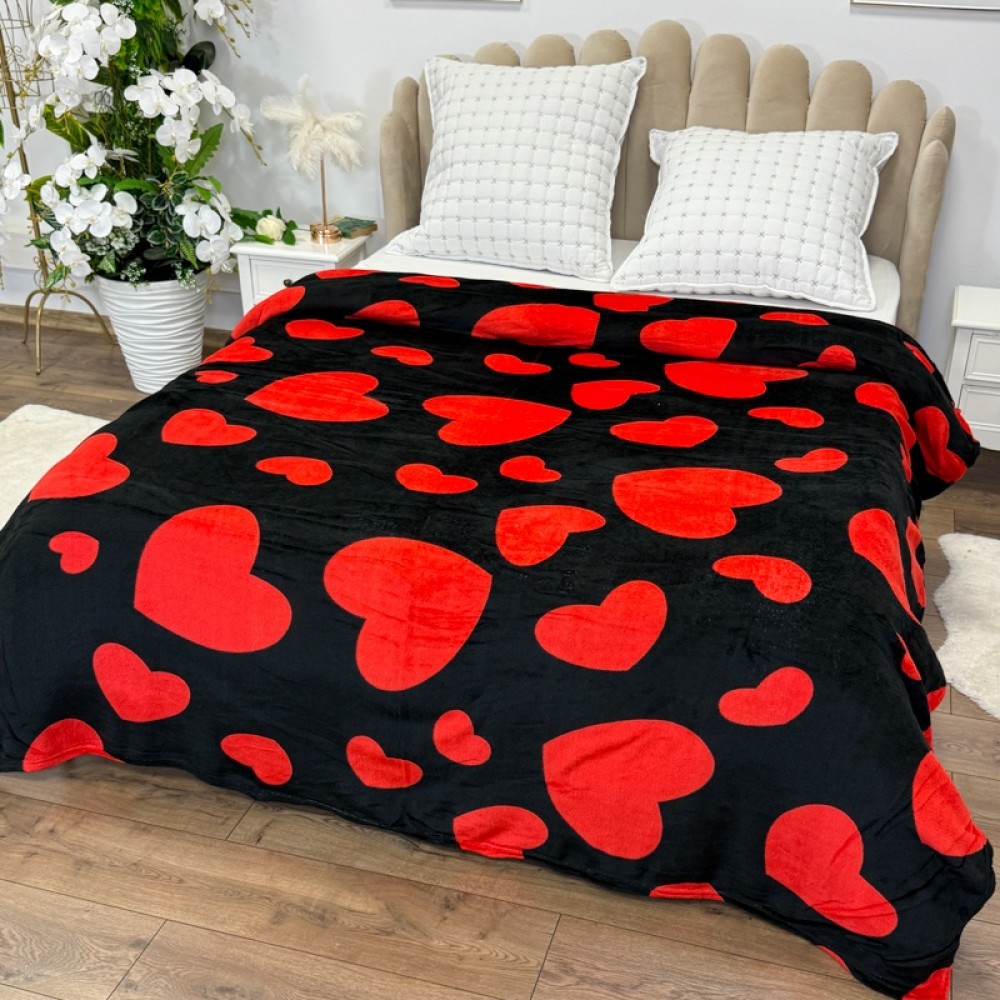 Patura pufoasa cocolino 200x230cm, 240g/mp, Negru, Inimioare Rosii – imagine 3