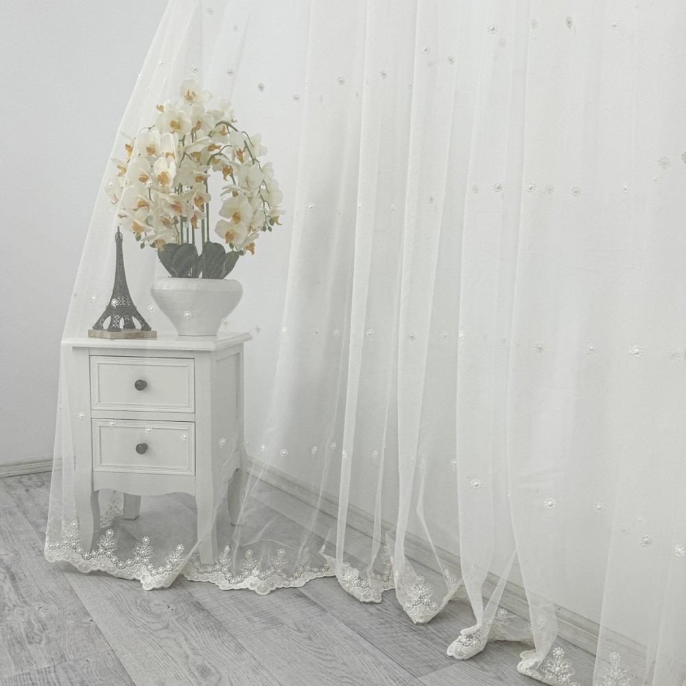 Perdea Fulgi de Nea din Tulle cu Broderie, Ivoire, 140cm latime x 260cm inaltime, cu rejansa pt bara – imagine 4
