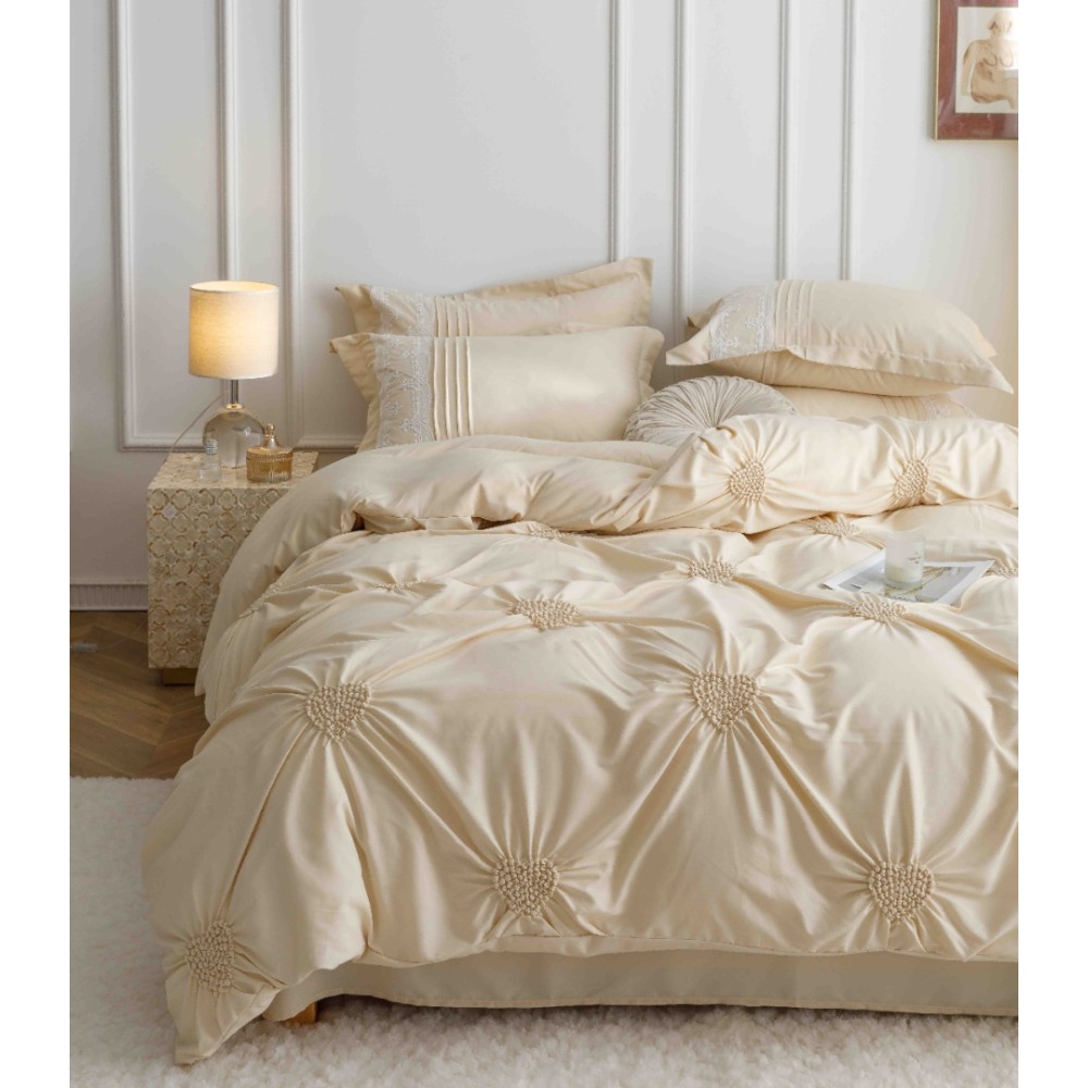 Lenjerie de Pat Premium, JOJO HOME, Finet Soft Touch, cu Inimioare din Pliuri Brodate, si Dantela Delicata, 6 Piese, Nesifonabila si Durabila, Crem — imaginea 2