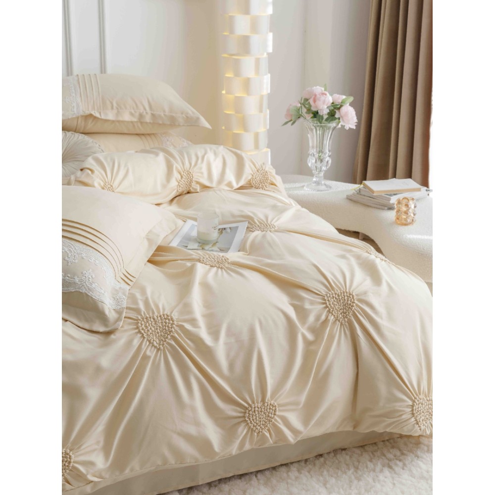 Lenjerie de Pat Premium, JOJO HOME, Finet Soft Touch, cu Inimioare din Pliuri Brodate, si Dantela Delicata, 6 Piese, Nesifonabila si Durabila, Crem — imaginea 3