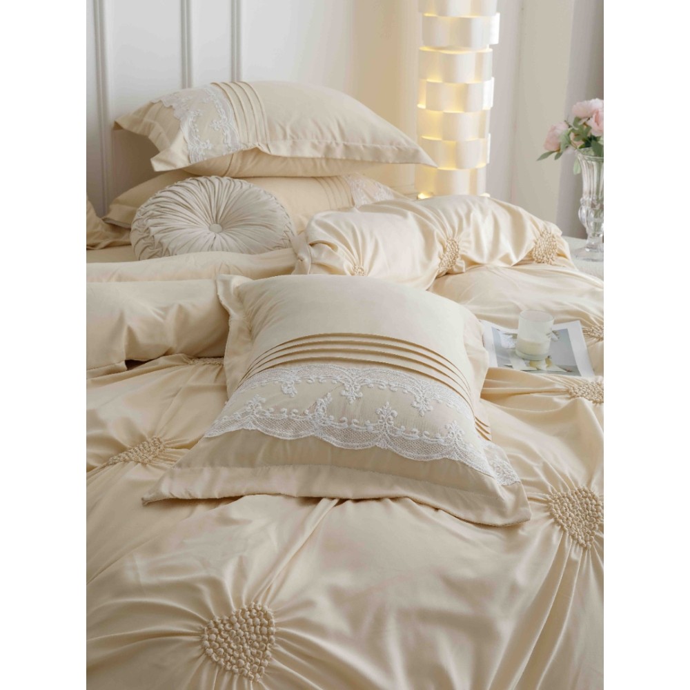 Lenjerie de Pat Premium, JOJO HOME, Finet Soft Touch, cu Inimioare din Pliuri Brodate, si Dantela Delicata, 6 Piese, Nesifonabila si Durabila, Crem — imaginea 4