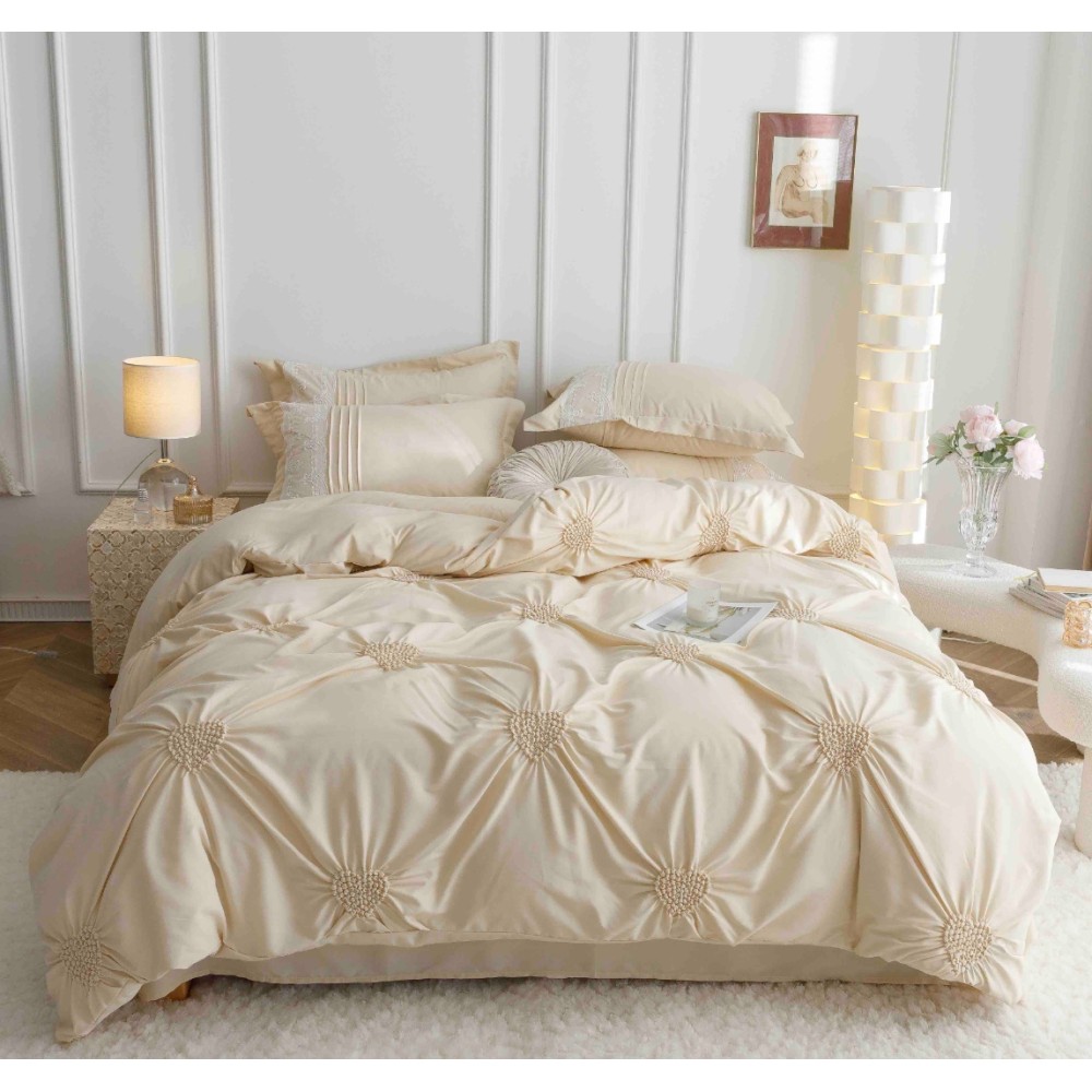 Lenjerie de Pat Premium, JOJO HOME, Finet Soft Touch, cu Inimioare din Pliuri Brodate, si Dantela Delicata, 6 Piese, Nesifonabila si Durabila, Crem — imaginea 5