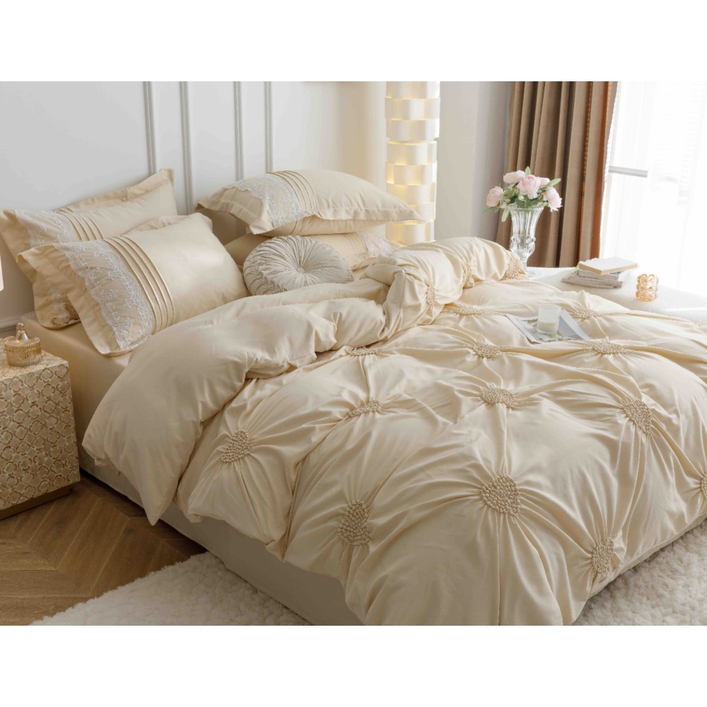 Lenjerie de Pat Premium, JOJO HOME, Finet Soft Touch, cu Inimioare din Pliuri Brodate, si Dantela Delicata, 6 Piese, Nesifonabila si Durabila, Crem — imaginea 6