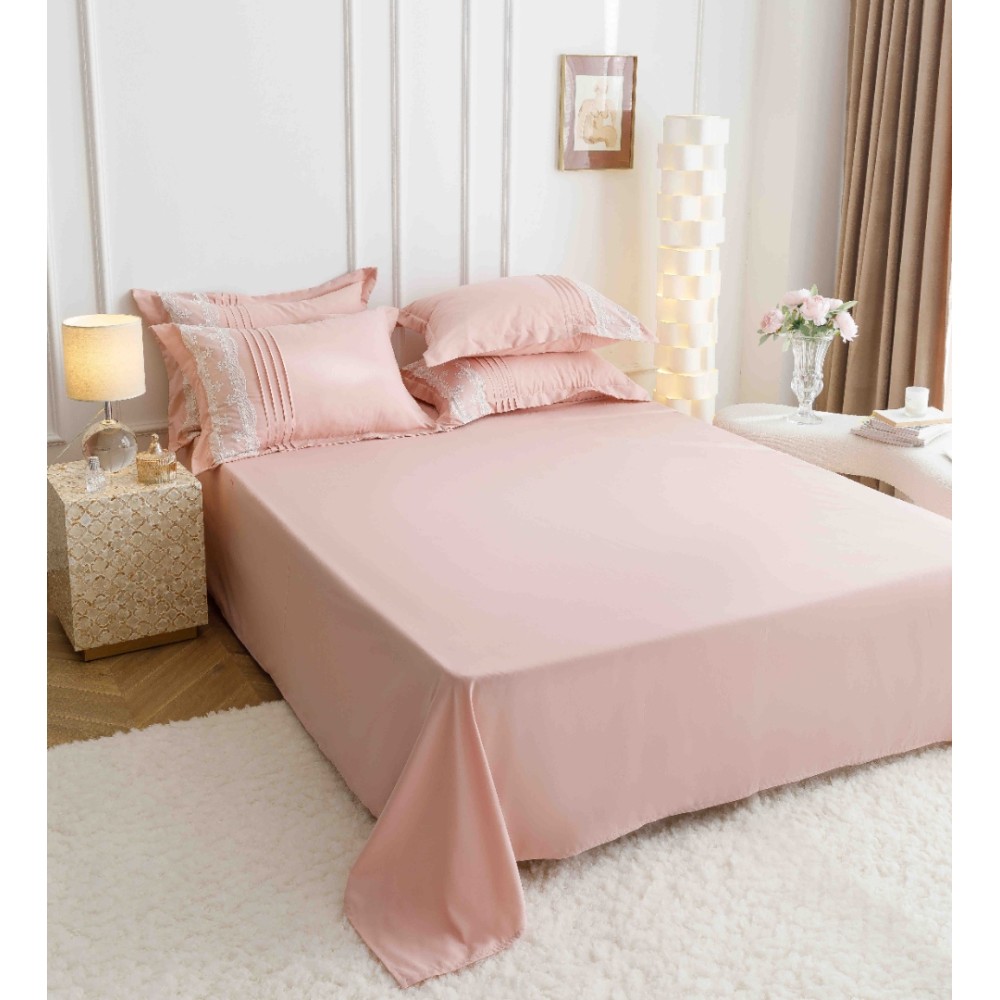 Lenjerie de Pat Premium, JOJO HOME, Finet Soft Touch, cu Inimioare din Pliuri Brodate, si Dantela Delicata, 6 Piese, Nesifonabila si Durabila, Roz Pal — imaginea 3