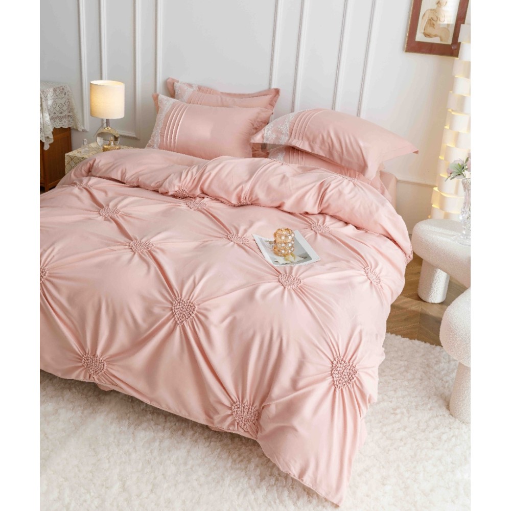 Lenjerie de Pat Premium, JOJO HOME, Finet Soft Touch, cu Inimioare din Pliuri Brodate, si Dantela Delicata, 6 Piese, Nesifonabila si Durabila, Roz Pal — imaginea 4