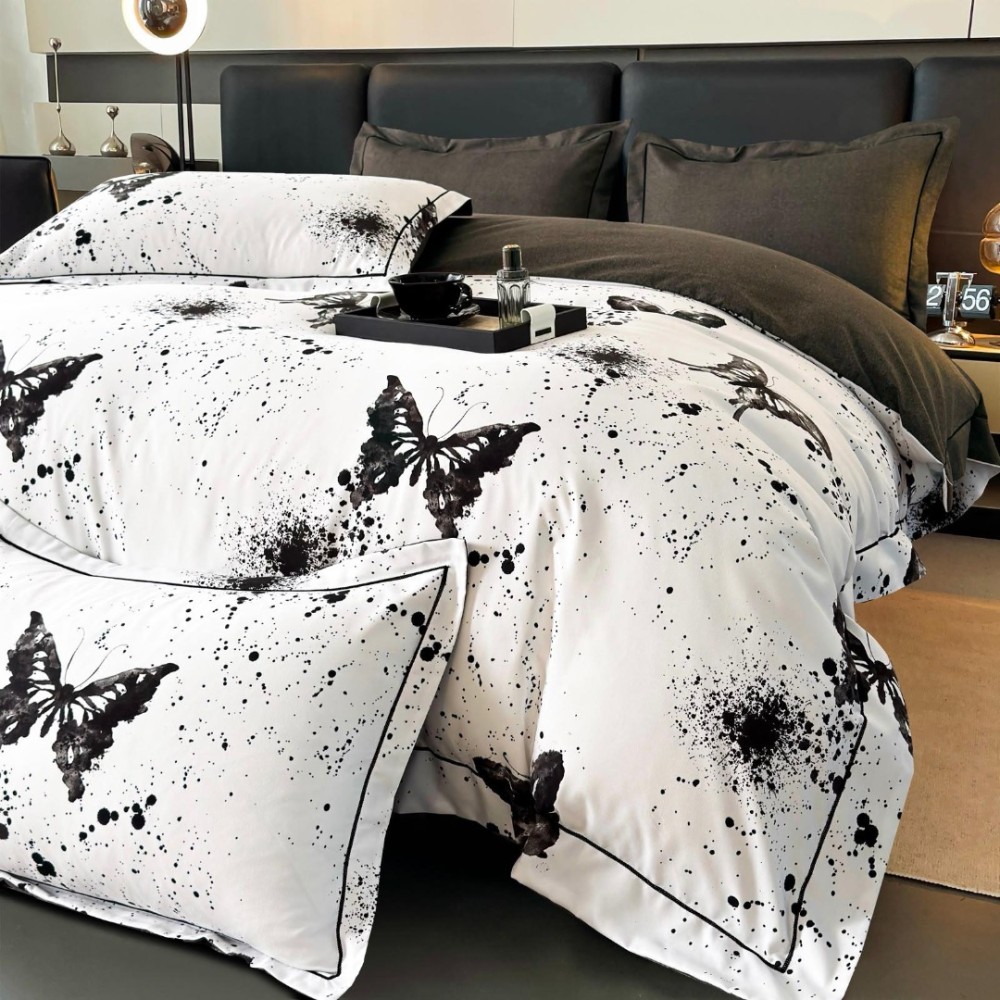 Lenjerie pat dublu, FINET DeLuxe, 6 piese, cu ELASTIC, Jojo Home, Cutie Eleganta, Alb, Negru, Fluturi — imaginea 2