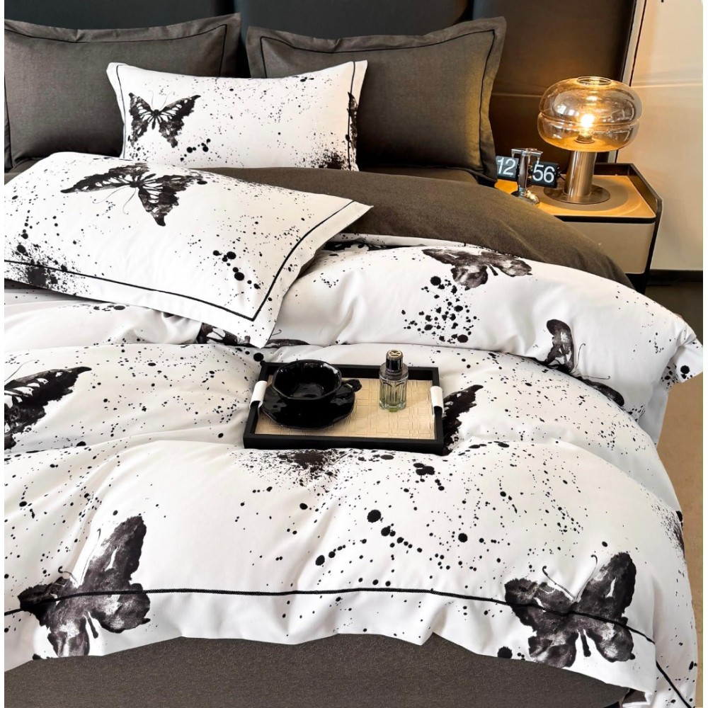 Lenjerie pat dublu, FINET DeLuxe, 6 piese, cu ELASTIC, Jojo Home, Cutie Eleganta, Alb, Negru, Fluturi — imaginea 4