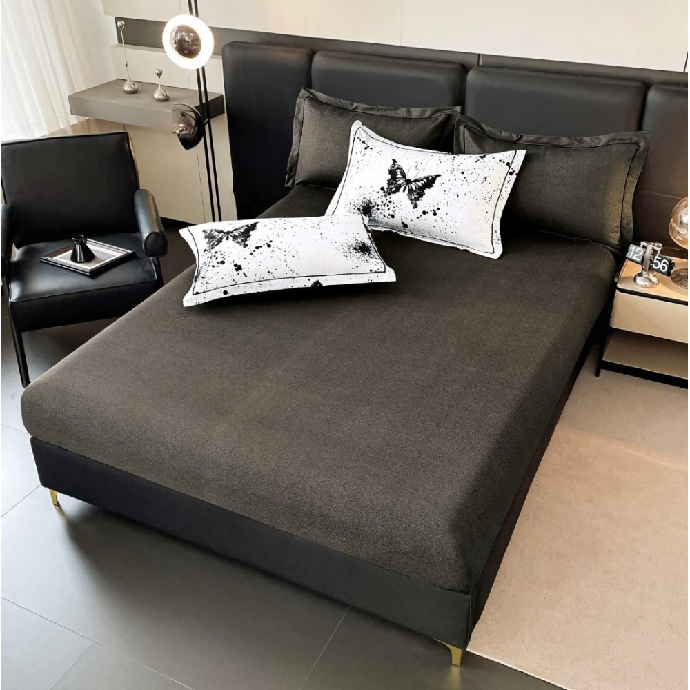 Lenjerie pat dublu, FINET DeLuxe, 6 piese, cu ELASTIC, Jojo Home, Cutie Eleganta, Alb, Negru, Fluturi — imaginea 6