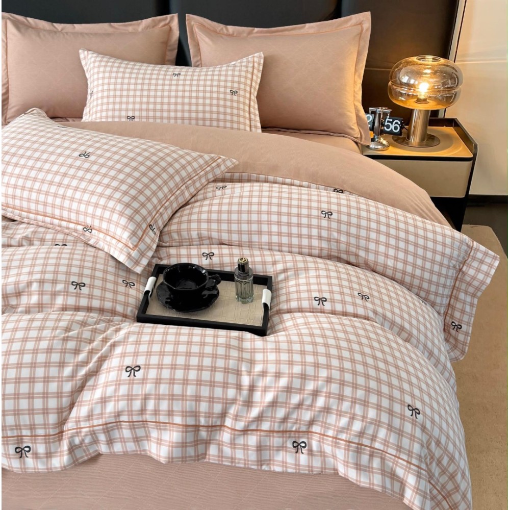 Lenjerie pat dublu, FINET DeLuxe, 6 piese, cu ELASTIC, Jojo Home, Cutie Eleganta, Bej, Carouri — imaginea 4