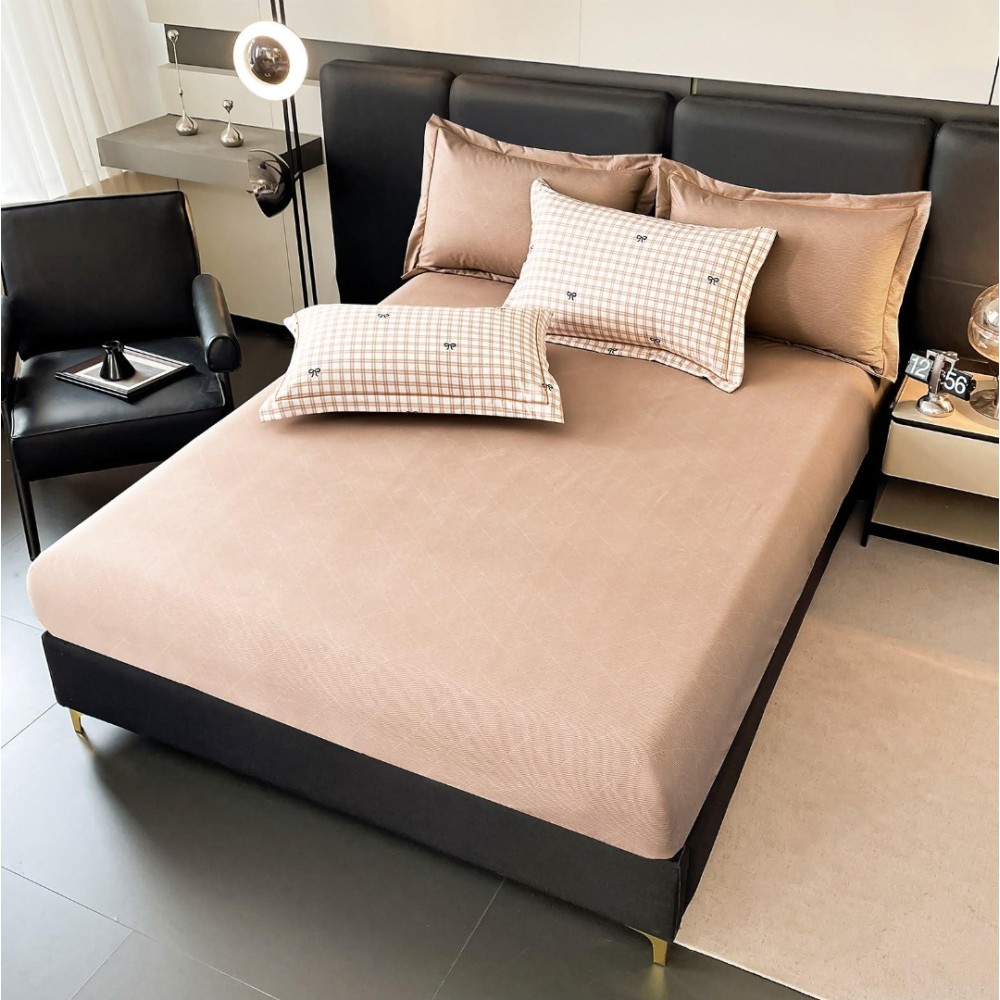 Lenjerie pat dublu, FINET DeLuxe, 6 piese, cu ELASTIC, Jojo Home, Cutie Eleganta, Bej, Carouri — imaginea 6