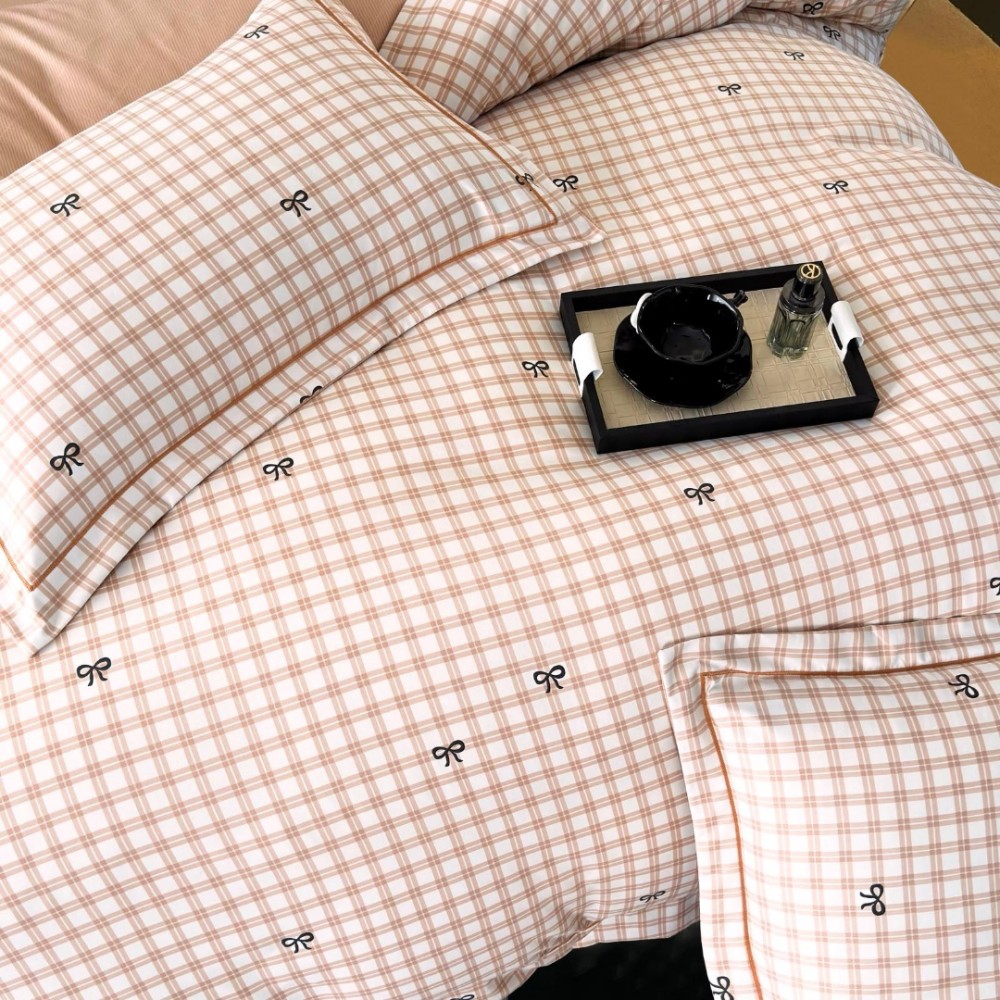 Lenjerie pat dublu, FINET DeLuxe, 6 piese, cu ELASTIC, Jojo Home, Cutie Eleganta, Bej, Carouri — imaginea 7