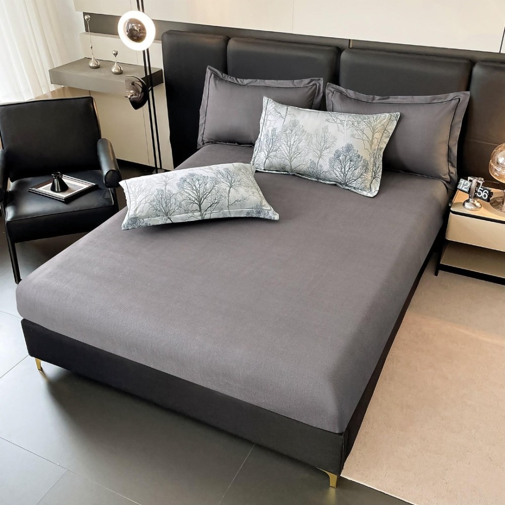 Lenjerie pat dublu, FINET DeLuxe, 6 piese, cu ELASTIC, Jojo Home, Cutie Eleganta, Gri, copaci — imaginea 6